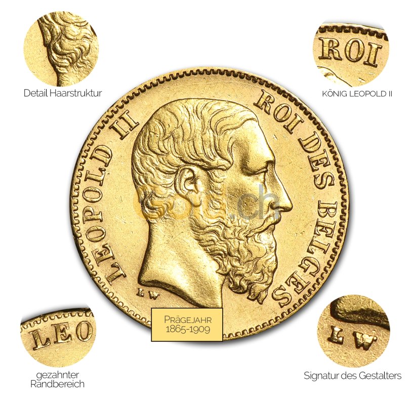 Goldmünze 20 Francs Leopold II - Details des Revers