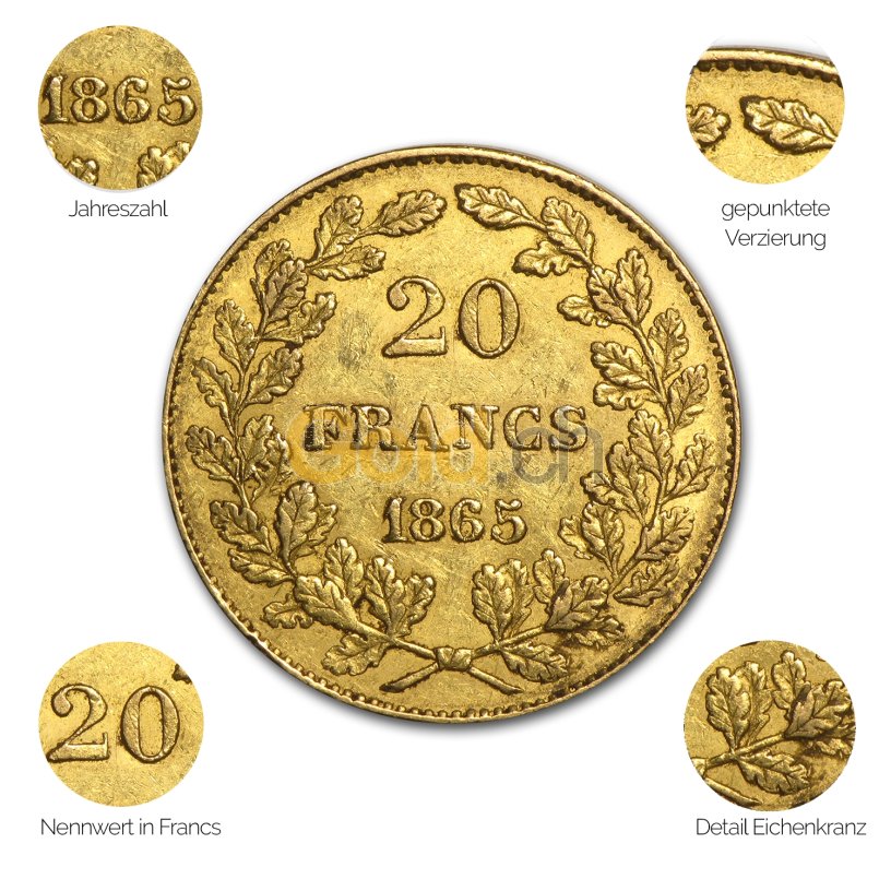 Goldmünze 20 Francs Leopold Premier - Details des Avers