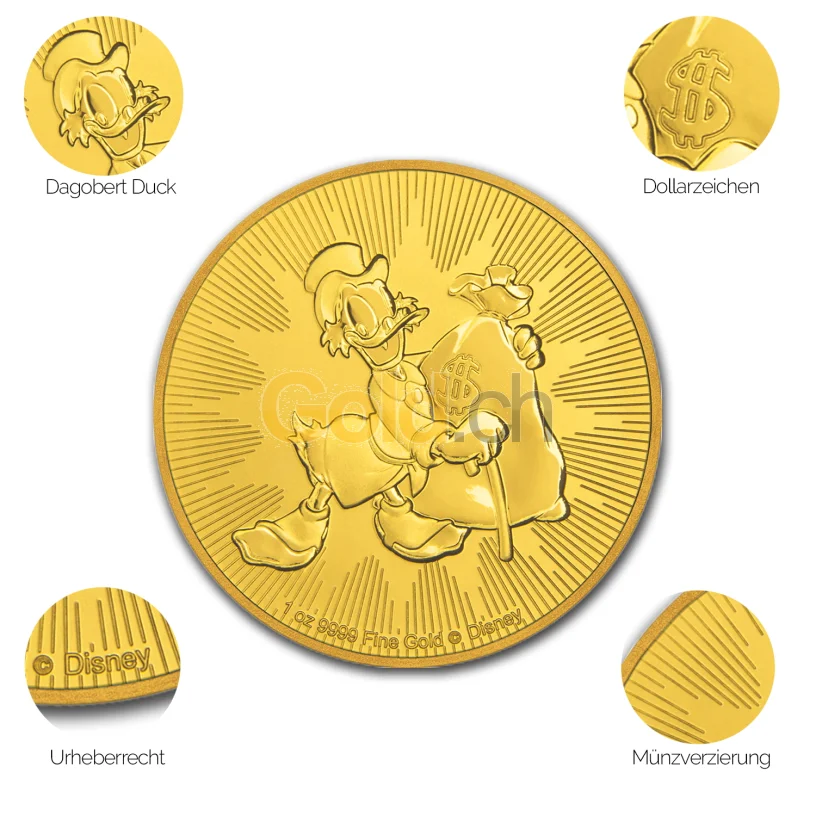 Goldmünze Dagobert Duck - Details des Revers Goldmünze Dagobert Duck - Details des Revers