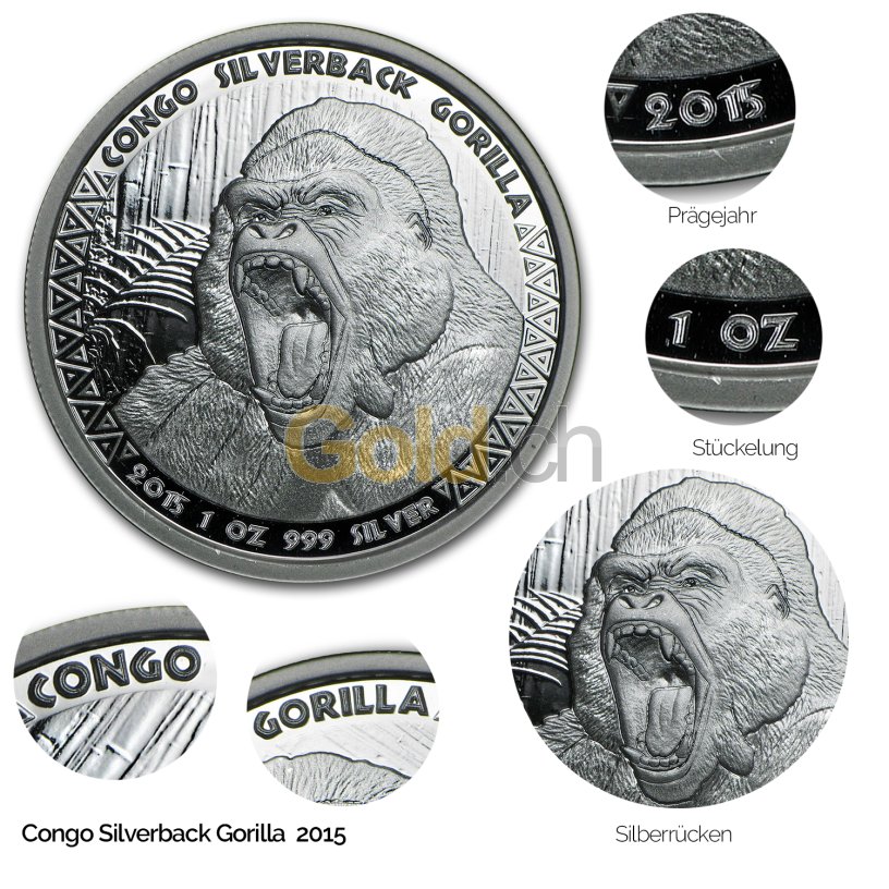 Silbermünze Congo Silverback Gorilla 2015 - Details des Revers
