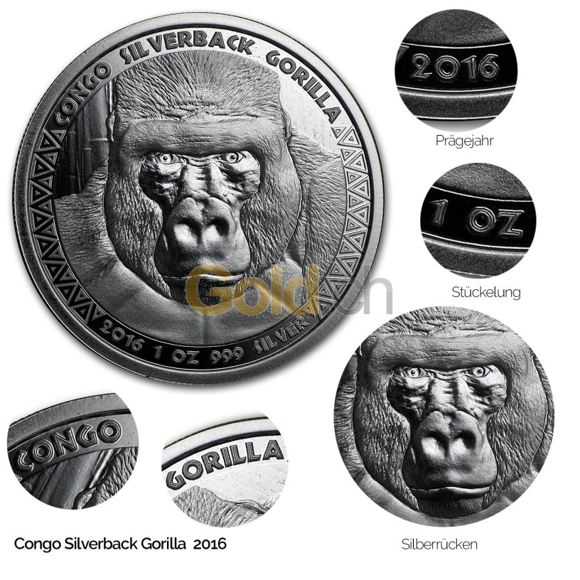 Silbermünze Congo Silverback Gorilla 2016 - Details des Revers