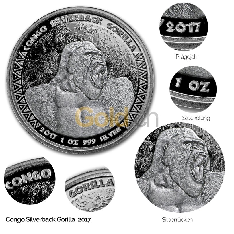 Silbermünze Congo Silverback Gorilla 2017 - Details des Revers