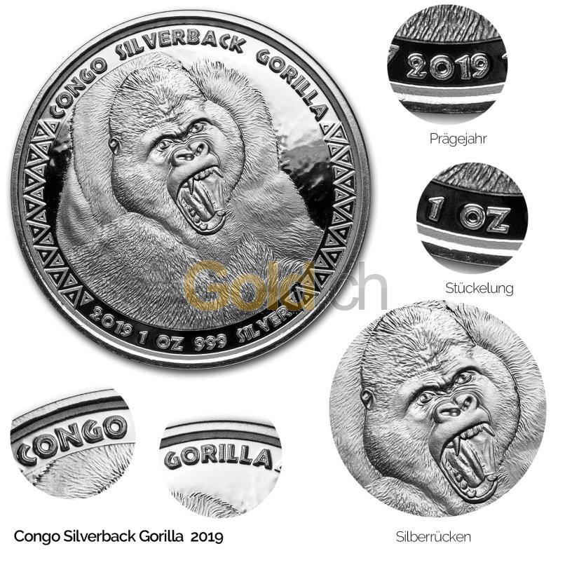 Silbermünze Congo Silverback Gorilla 2019 - Details des Revers