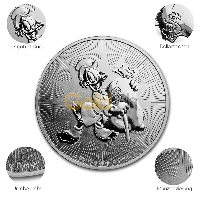 Silbermünze Dagobert Duck - Details des Revers Silbermünze Dagobert Duck - Details des Revers