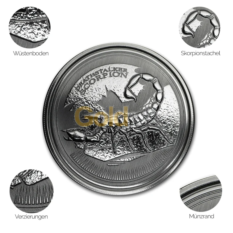 Silbermünze Deathstalker Scorpion - Details des Revers Silbermünze Deathstalker Scorpion - Details des Revers
