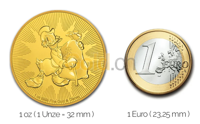 Dagobert Duck Goldmünze - Größenvergleich Größenvergleich Dagobert Duck Goldmünze mit 1 Euro-Stück