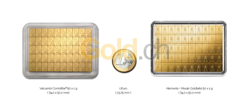 Größenvergleich Goldtafelbarren 50 x 1 Gramm Goldmünze mit 1 Euro-Stück