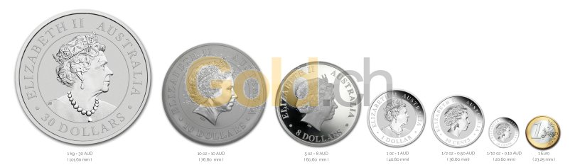 Größenvergleich Koala Silbermünze mit 1 Euro-Stück
