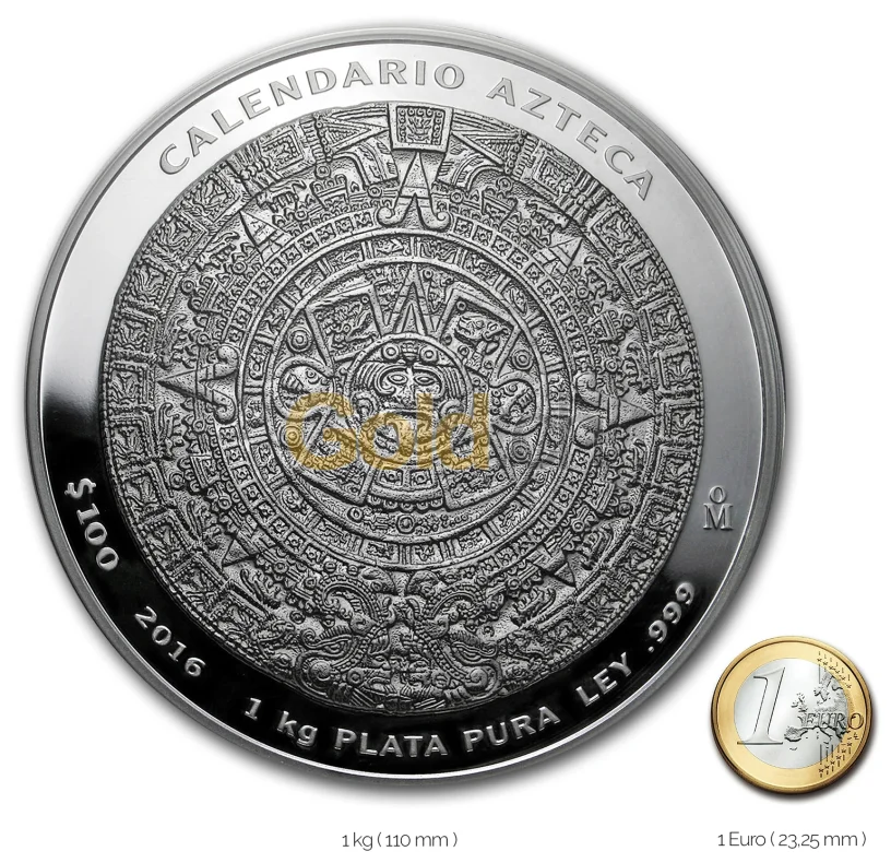 Aztekenkalender Silbermünze - Größenvergleich Größenvergleich Aztekenkalender Silbermünze mit 1 Euro-Stück