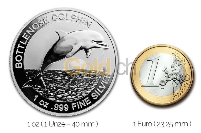 Größenvergleich Bottlenose Dolphin Silbermünze mit 1 Euro-Stück
