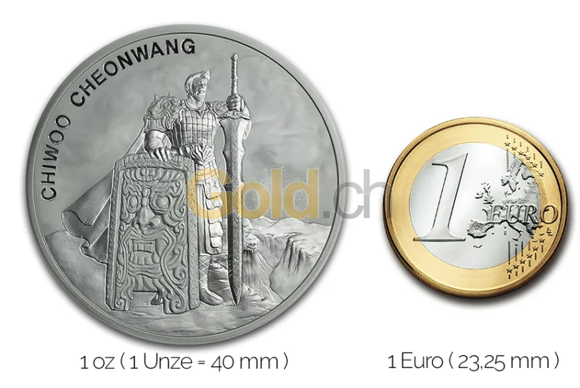 Chiwoo Cheonwang Silbermünze - Größenvergleich Größenvergleich Chiwoo Cheonwang Silbermünze mit 1 Euro-Stück