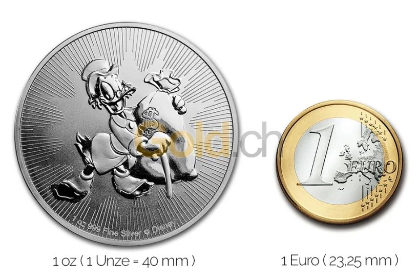 Dagobert Duck Silbermünze - Größenvergleich Größenvergleich Dagobert Duck Silbermünze mit 1 Euro-Stück