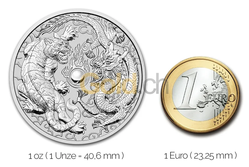 Dragon & Tiger Silbermünze - Größenvergleich Größenvergleich Dragon & Tiger Silbermünze mit 1 Euro-Stück