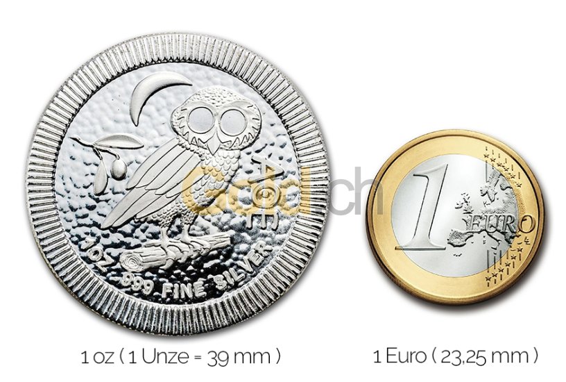 Größenvergleich Eule von Athen Silbermünze mit 1 Euro-Stück
