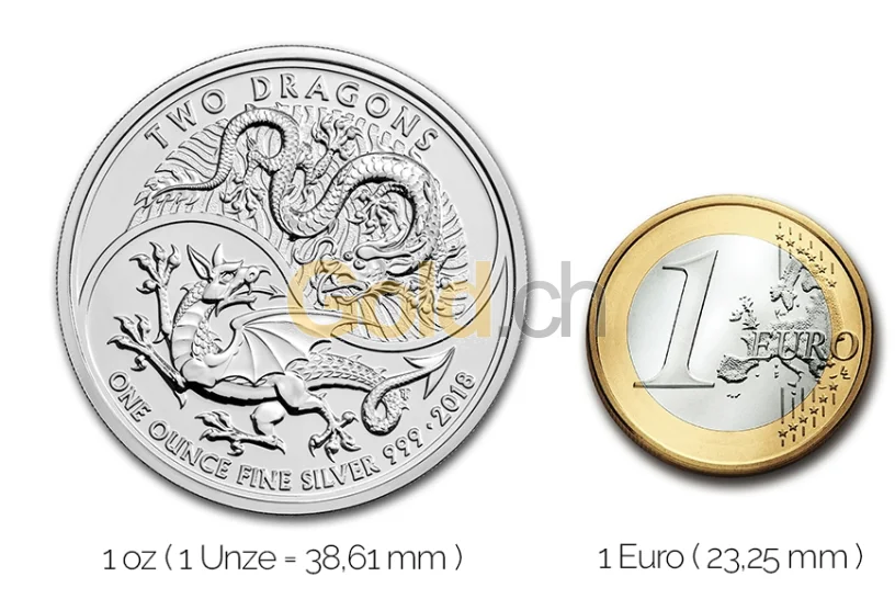 Two Dragons Silber - Größenvergleich Größenvergleich Two Dragons Silbermünze mit 1 Euro-Stück