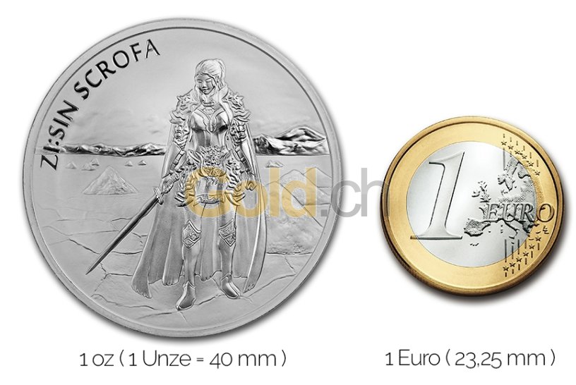 Größenvergleich ZI:SIN Silbermünze mit 1 Euro-Stück