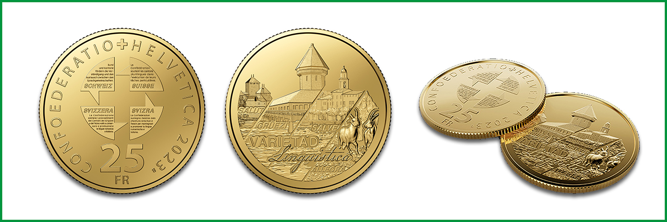 Goldmünze Schweizer Sprachenvielfalt, © Bildmotive: Swissmint